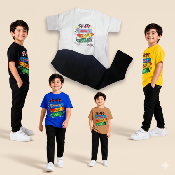Boy wearing skate graphic printed t-shirt with trouser set