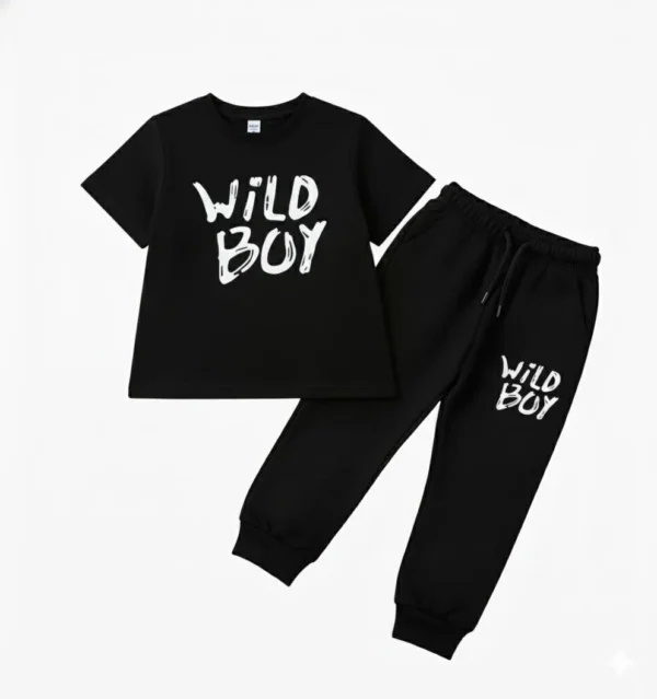 “Black Wild Boy kids t shirt and trouser set for boys summer outfit”