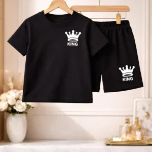 “King Crown black boys t shirt and shorts summer outfit for kids”