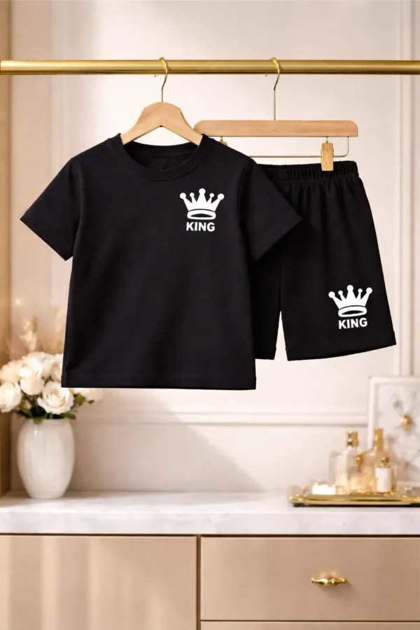 “King Crown black boys t shirt and shorts summer outfit for kids”