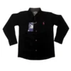 Black: Boys' premium black "shamera" cotton shirt featuring a contrasting light-colored embroidered logo and stylish buttons