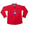 Vibrant red casual shirt for boys with a button-down collar and signature embroidery, perfect for festive wear.