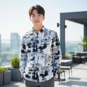 Collection grid showing various colors of men's long-sleeve shirts with abstract textured graphic prints, including white, blue, and earthy tones, displayed both on models and flat-lay