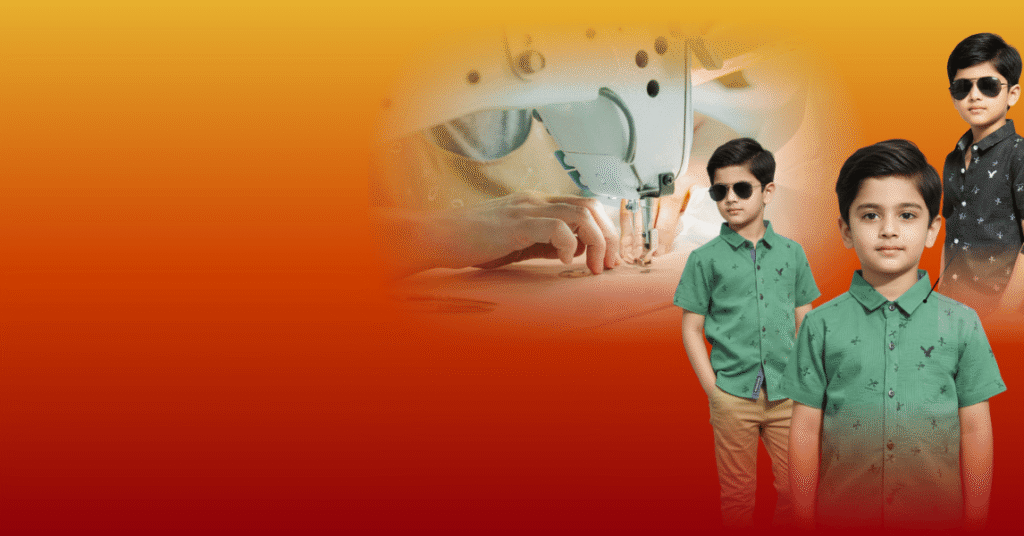 Professional sewing machine craftsmanship overlaying young boys wearing stylish sustainable shirts from Blaze Garments.