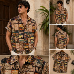 Premium Vintage Abstract Printed Summer Casual Shirt for Men with Soft Breathable Fabric and Stylish Patchwork Design