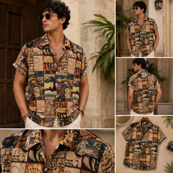 Premium Vintage Abstract Printed Summer Casual Shirt for Men with Soft Breathable Fabric and Stylish Patchwork Design