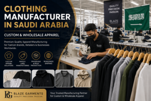 Professional clothing manufacturer in Saudi Arabia providing custom apparel production, private label clothing, and wholesale garment manufacturing services for fashion brands and retailers.