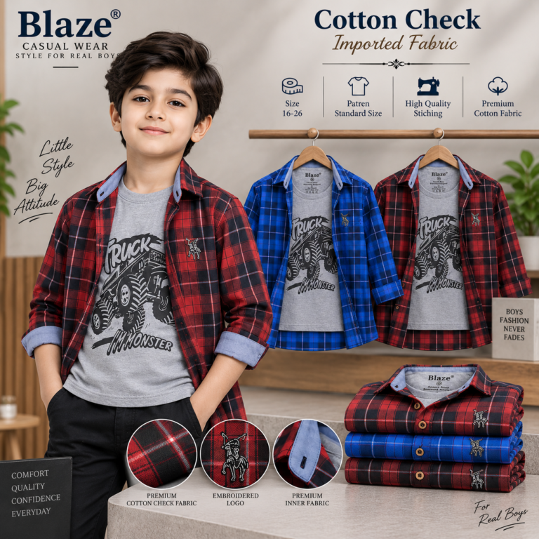 Boys Contrast-Collar Cotton Check Shirt – Full Sleeve