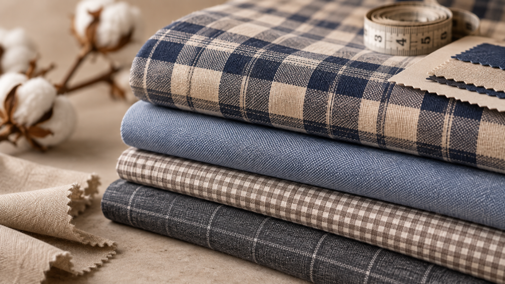 Folded cotton check and plaid fabric swatches with a tape measure and cotton bolls, illustrating fabric GSM and weave for boys shirts