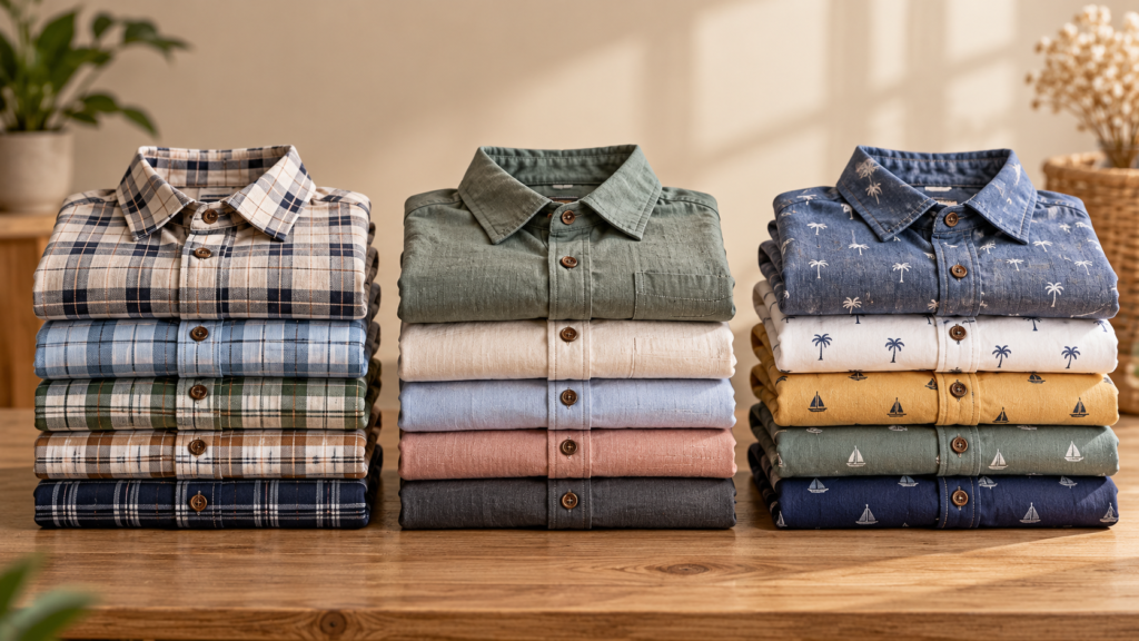 Three stacks of folded boys casual shirts in different patterns and colours, representing retail, wholesale and private label collections