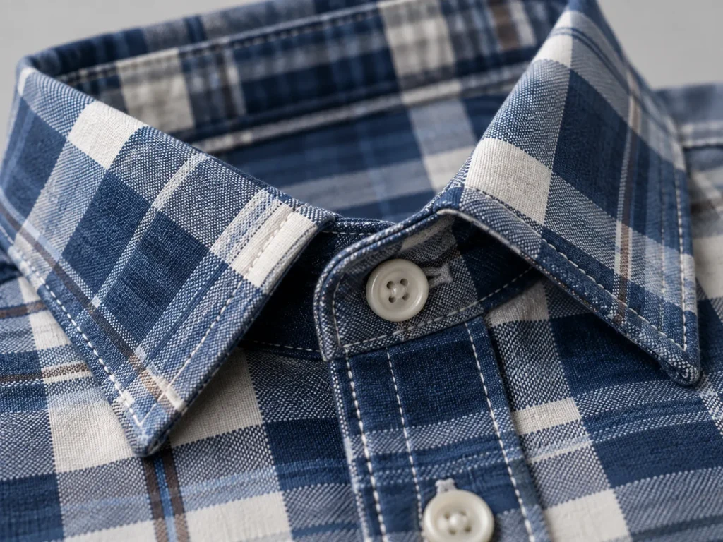 Illustrative close-up render of a neat shirt collar, topstitching and button placket