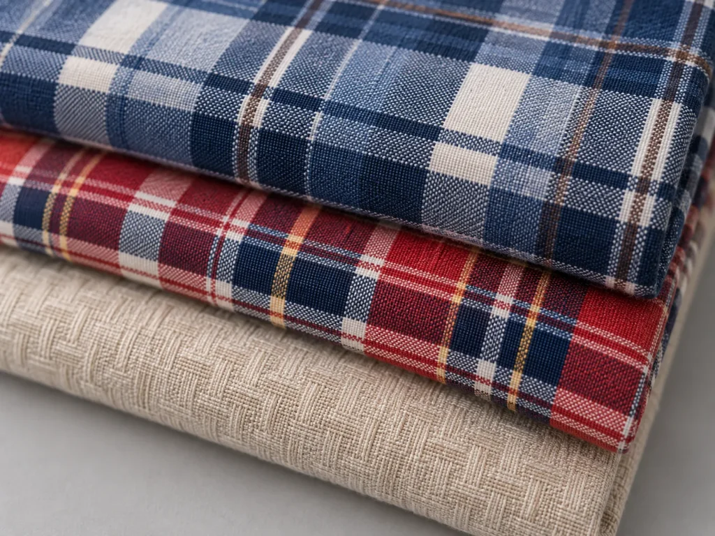 Illustrative render of folded tartan check, madras plaid and textured woven fabric swatches