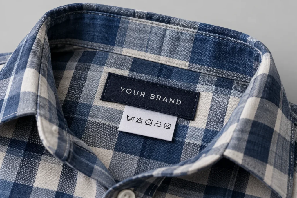 Mockup of a custom woven neck label reading YOUR BRAND and a white care label inside the collar of a blue check shirt