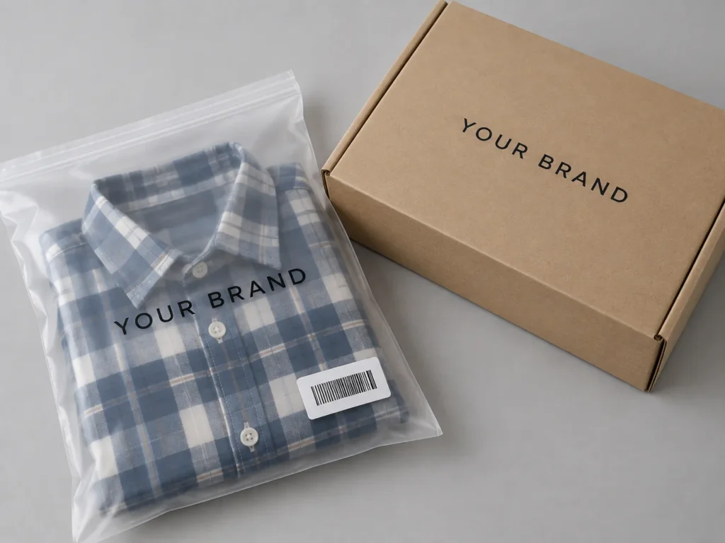 Mockup of a shirt in a branded frosted polybag next to a branded shipping box, both showing YOUR BRAND