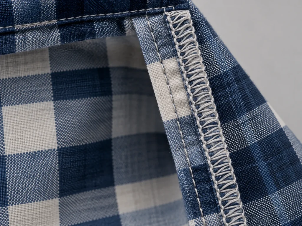 Illustrative close-up render of a clean overlocked seam and even straight stitching inside a shirt