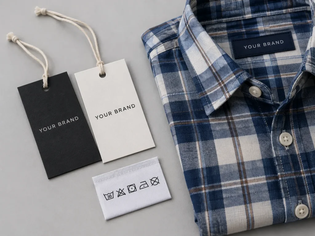 Mockup of black and white branded hangtags with cotton string beside a folded check shirt