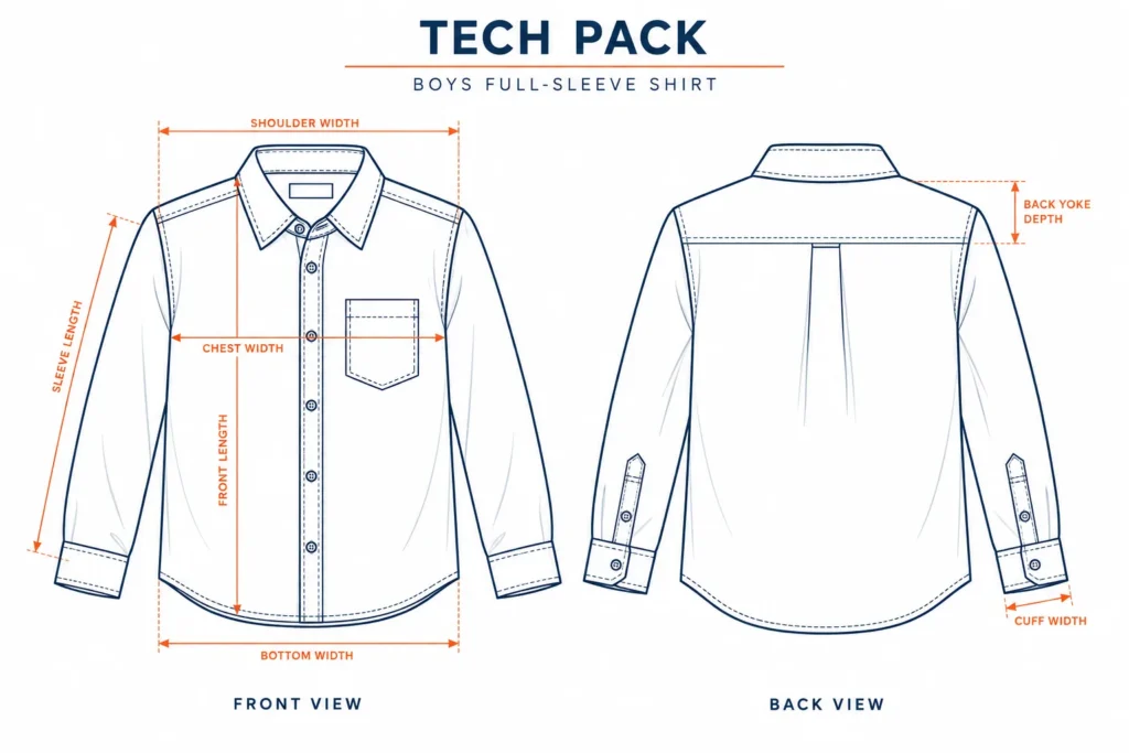 Illustration of a boys shirt technical drawing with measurement lines, front and back views
