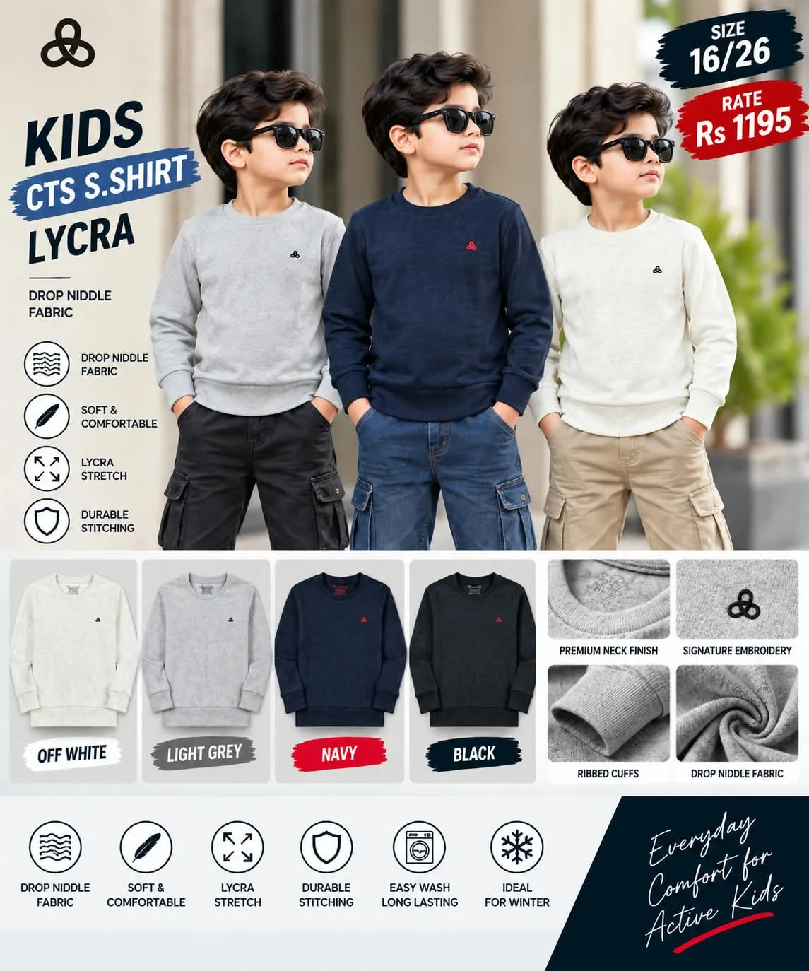 Kids CTS Sweatshirt with Lycra - Drop Needle Fabric - colours, details and rate sheet