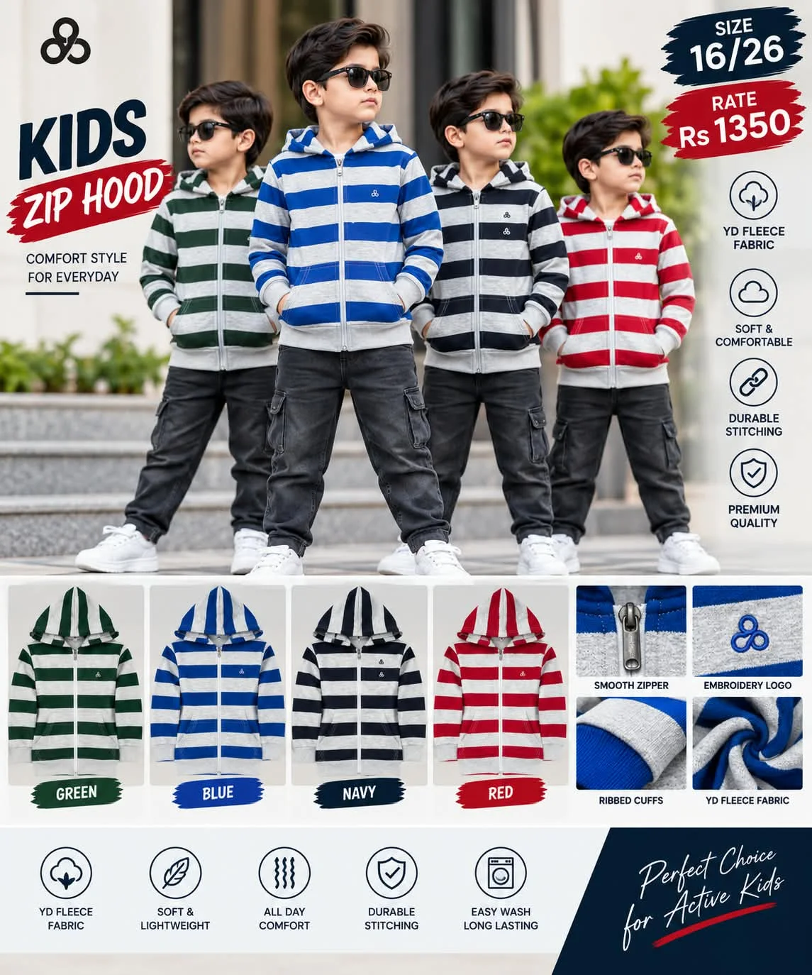 Kids Striped Zip Hoodie - YD Fleece - colours, details and rate sheet